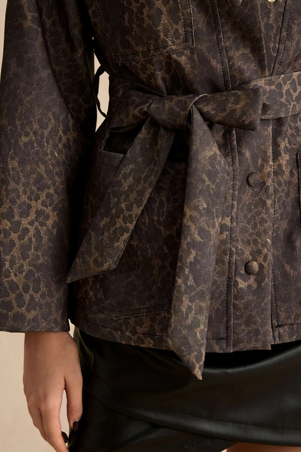 Leopard Print Pocket Button Belted Jacket