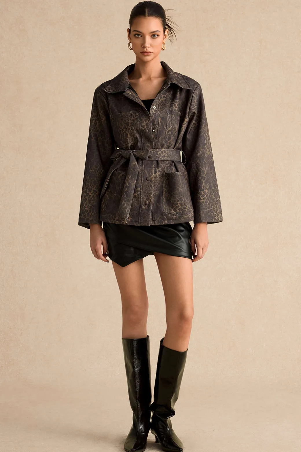 Leopard Print Pocket Button Belted Jacket