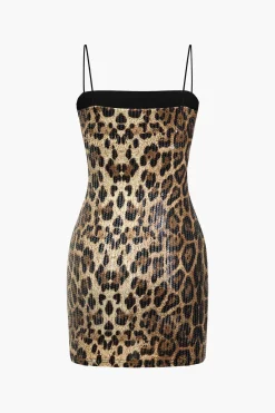Leopard Print Sequins Spaghetti Strap Mini Dress