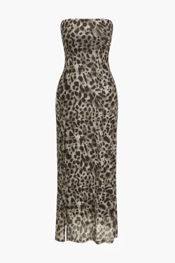 Leopard Print Slit Strapless Midi Dress