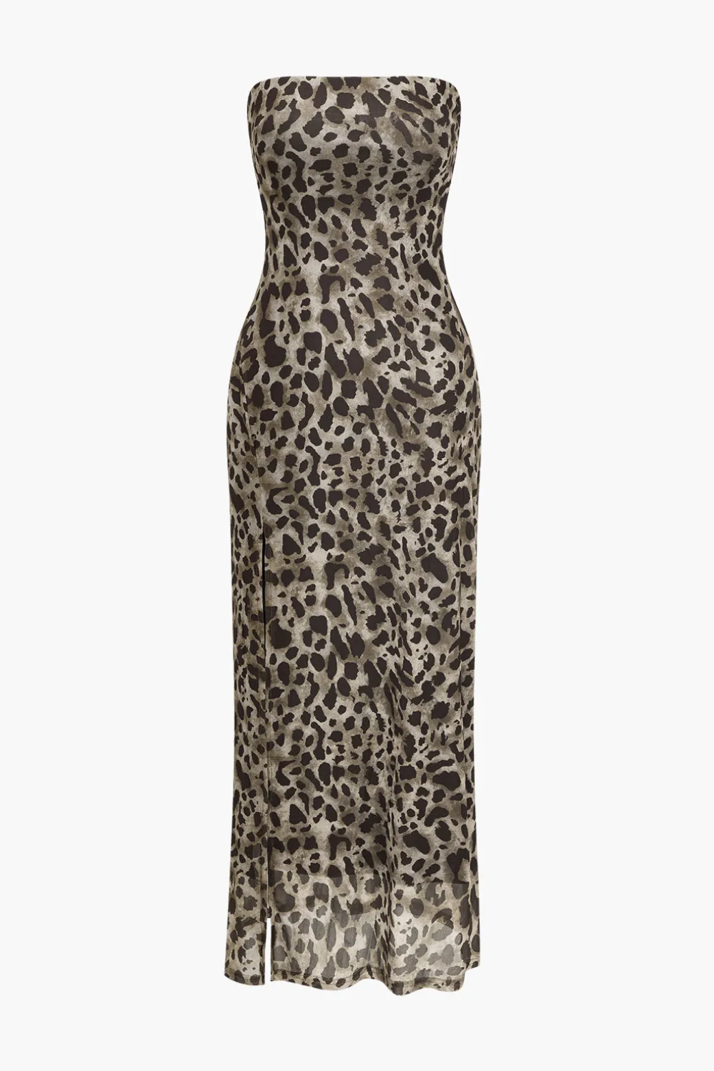 Leopard Print Slit Strapless Midi Dress