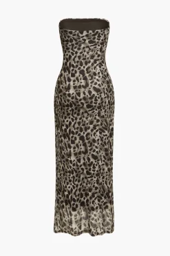 Leopard Print Slit Strapless Midi Dress
