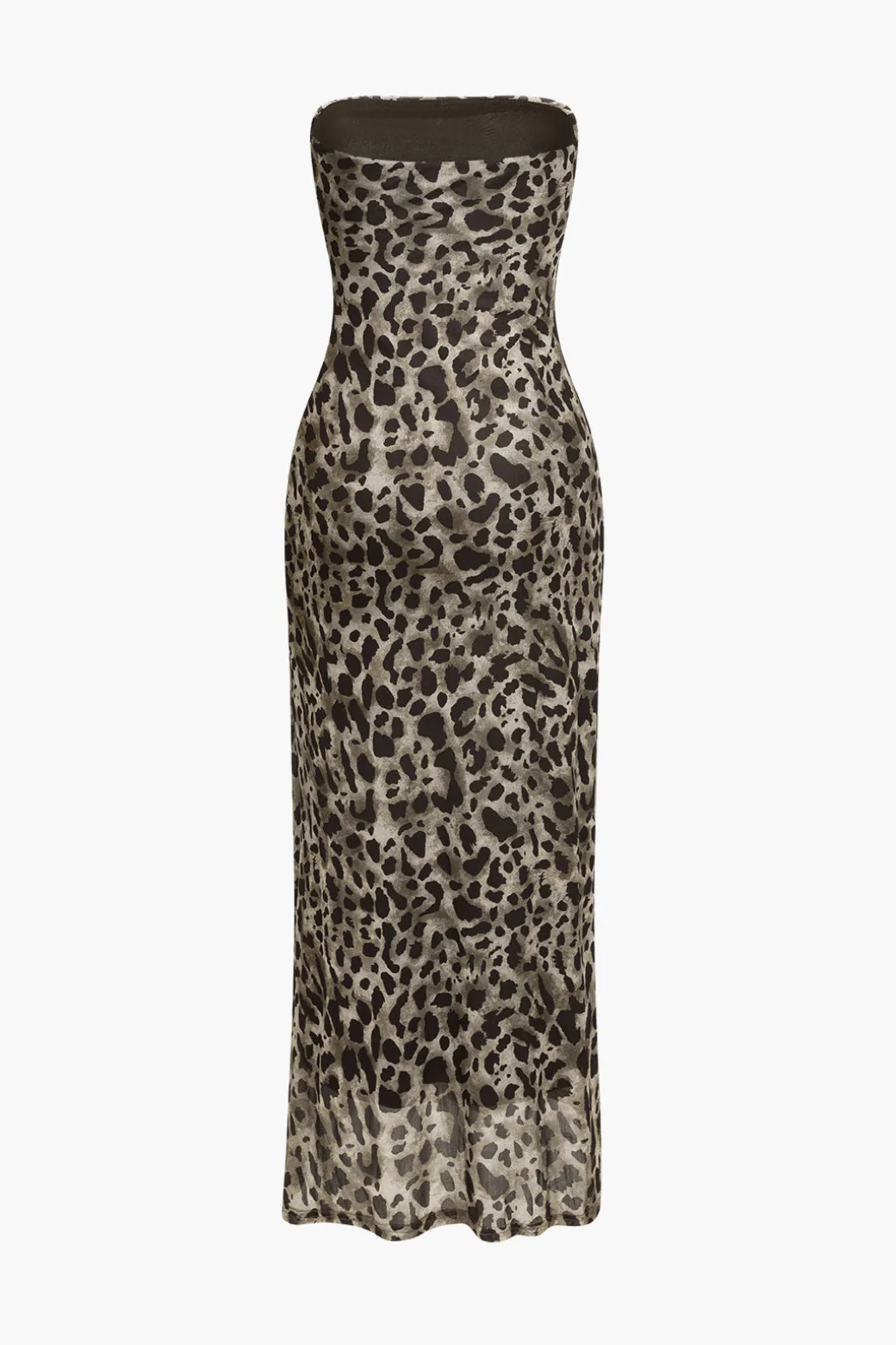 Leopard Print Slit Strapless Midi Dress