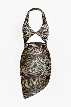 Leopard Print Twist Halter Backless Midi Dress