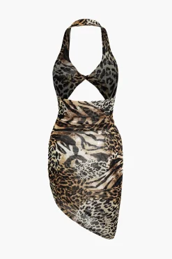 Leopard Print Twist Halter Backless Midi Dress