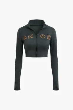 Letter Embroidered Rib Knit Stand Collar Zipper Crop Cardigan And Pleated Mini Skirt Set