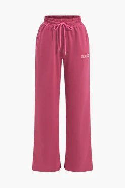 Letter Embroidery Hooded Top And Tie-Up Trousers Set
