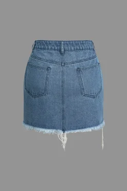 Letter Print Frayed Hem Denim Skirt