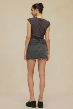 Letter Print Frayed Hem Denim Skirt