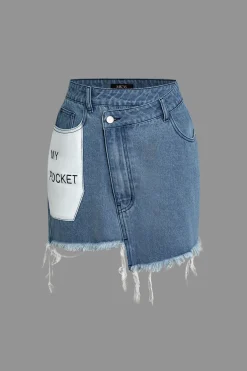 Letter Print Frayed Hem Denim Skirt