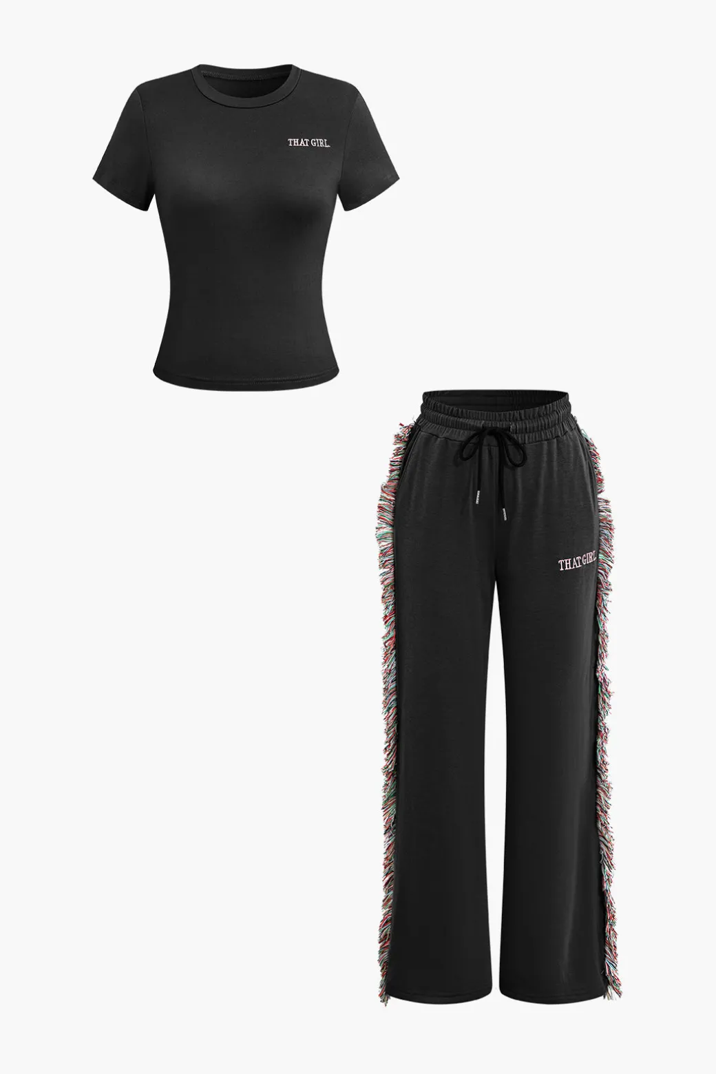 Letter Print T-shirt And Tassel Drawstring Pants Set