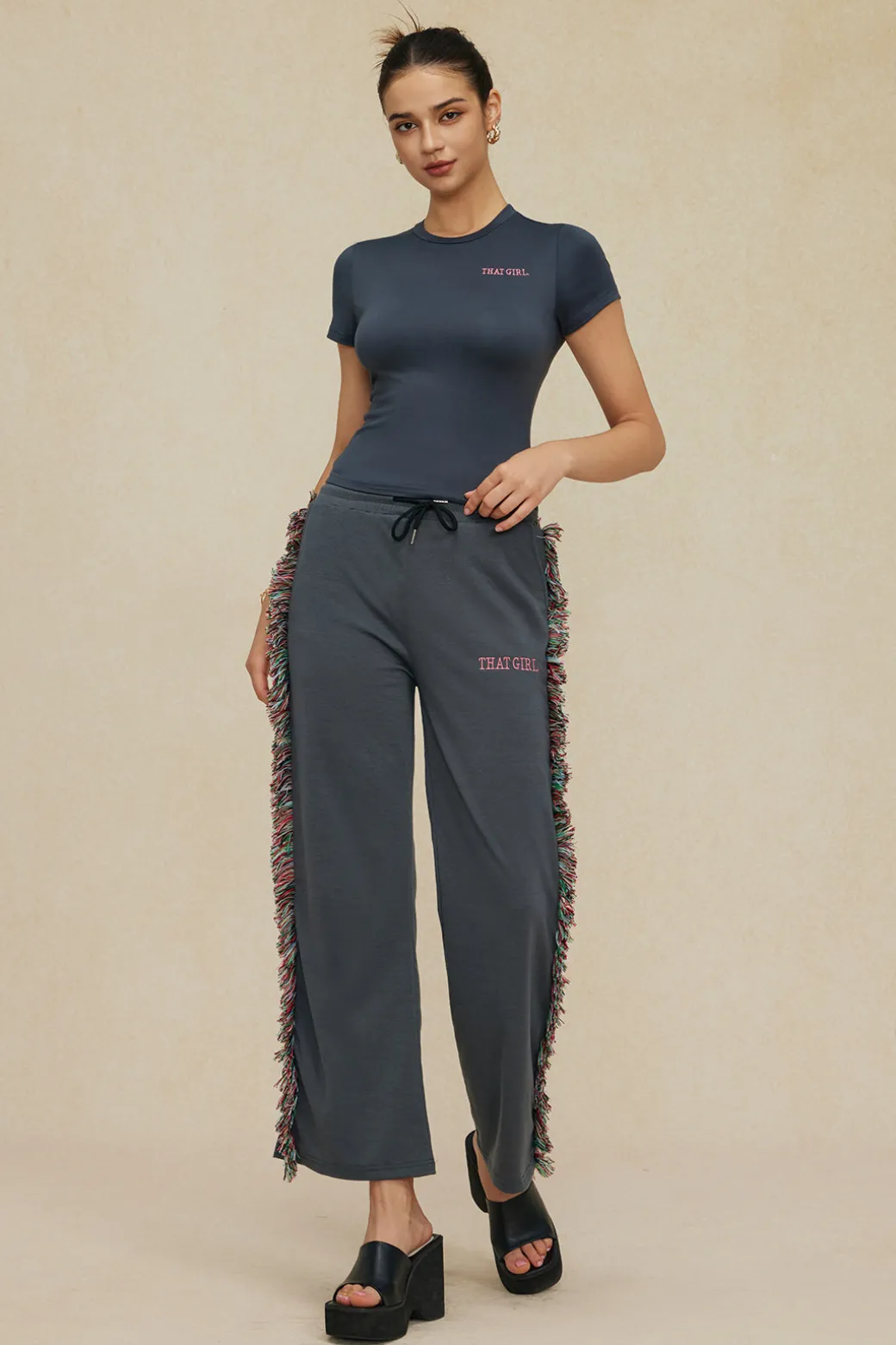 Letter Print T-shirt And Tassel Drawstring Pants Set