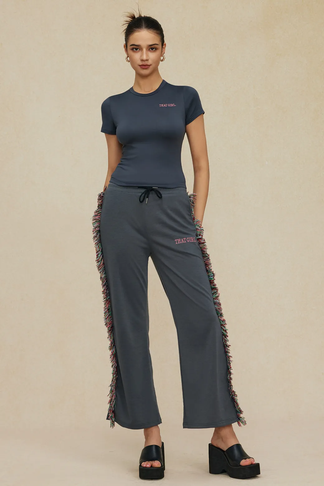 Letter Print T-shirt And Tassel Drawstring Pants Set