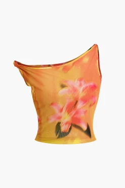 Lily Print Asymmetric Crop Tank Top