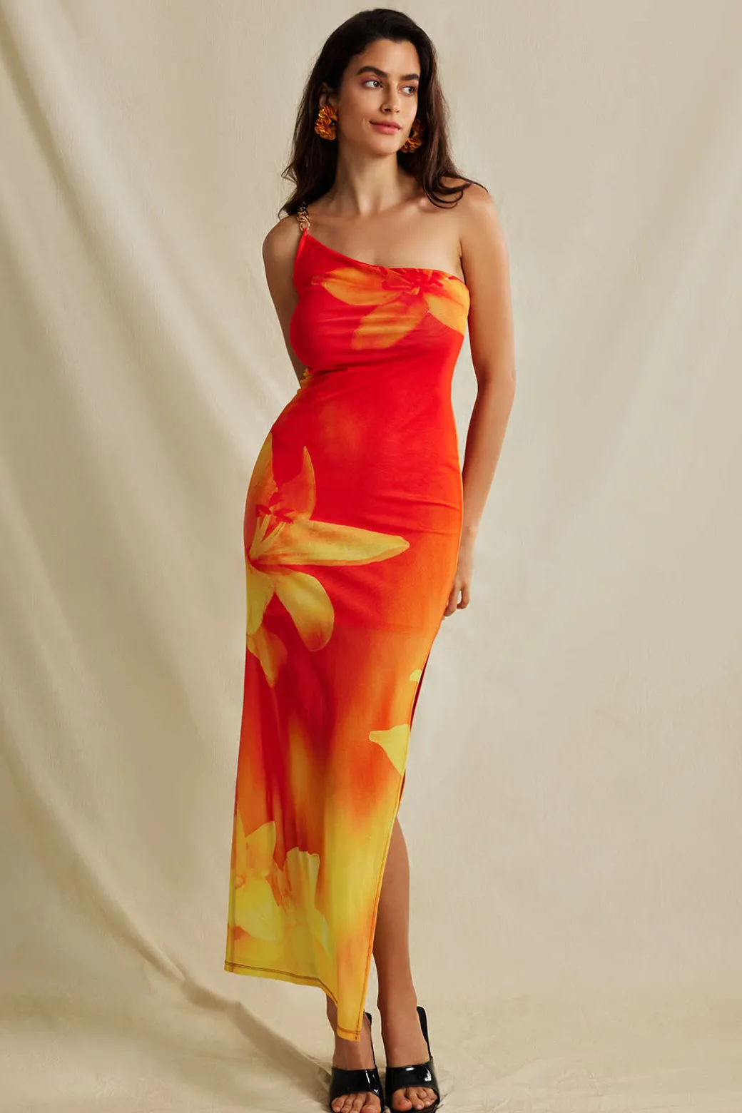 Lily Print Asymmetric One Shoulder Maxi Dress