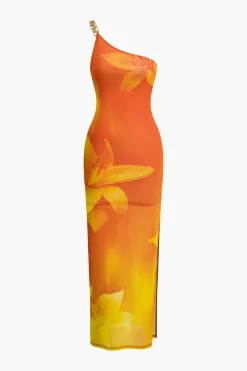 Lily Print Asymmetric One Shoulder Maxi Dress