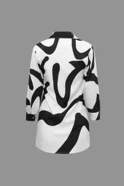 Line Print Button Up Shirt And High Waist Wide Leg Pants Set