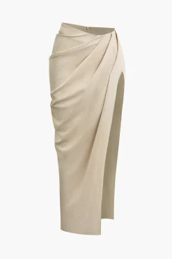 Linen Asymmetric Ruched Slit Midi Skirt