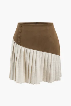 Linen Button Patchwork Pleated Skirt