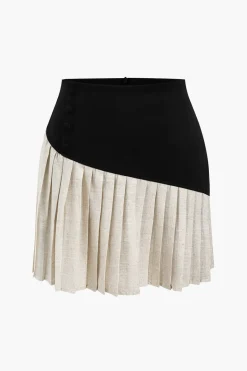 Linen Button Patchwork Pleated Skirt