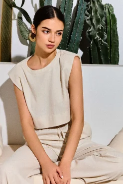 Linen Padded-Shoulder Tie Side Top And Drawstring Pants Set