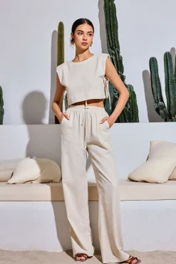 Linen Padded-Shoulder Tie Side Top And Drawstring Pants Set