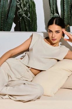 Linen Padded-Shoulder Tie Side Top And Drawstring Pants Set