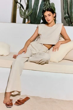 Linen Padded-Shoulder Tie Side Top And Drawstring Pants Set