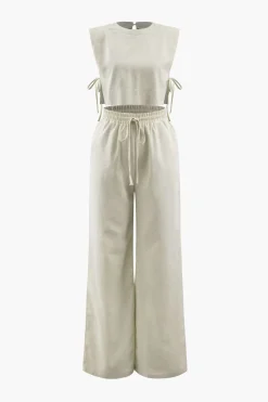 Linen Padded-Shoulder Tie Side Top And Drawstring Pants Set