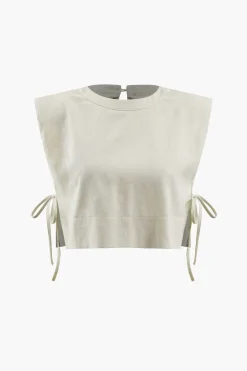 Linen Padded-Shoulder Tie Side Top And Drawstring Pants Set
