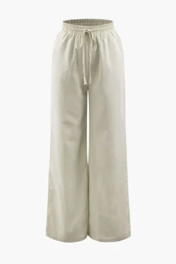 Linen Padded-Shoulder Tie Side Top And Drawstring Pants Set