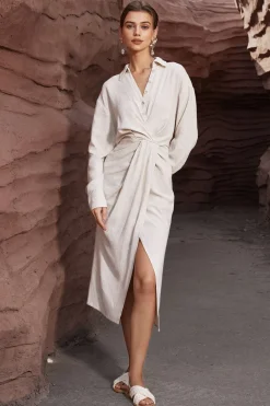Linen Ruched Button-Up Slit Midi Shirt Dress