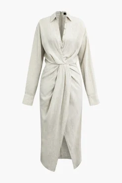 Linen Ruched Button-Up Slit Midi Shirt Dress