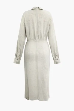 Linen Ruched Button-Up Slit Midi Shirt Dress