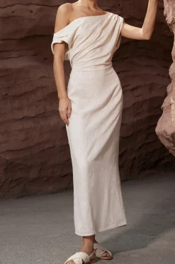 Linen Ruched Slit Midi Dress