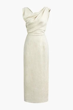 Linen Ruched Slit Midi Dress