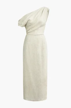 Linen Ruched Slit Midi Dress