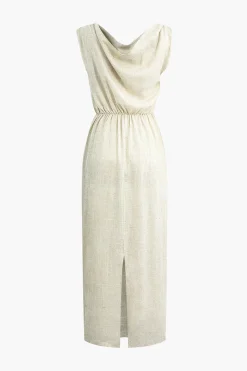 Linen Ruched Slit Midi Dress
