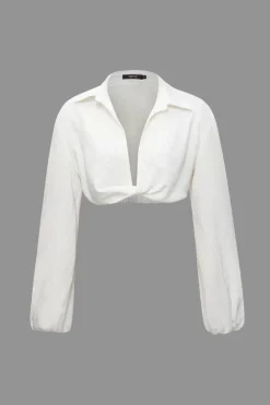 Linen-Blend Twist Long Sleeve V-neck Shirt