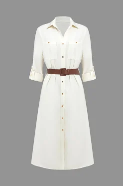 Long Sleeve Collar Belted Midi Dress
