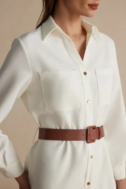 Long Sleeve Collar Belted Midi Dress