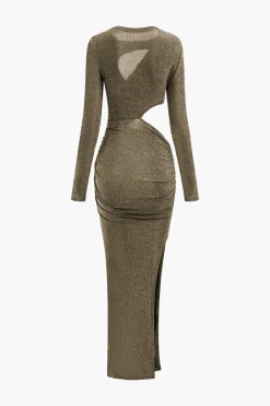 Lurex Asymmetric Cut Out Long Sleeve Maxi Dress