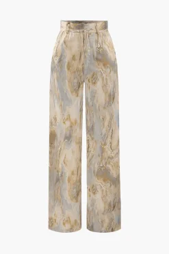 Marble Print High Waisted Full-length Straight Leg Pants