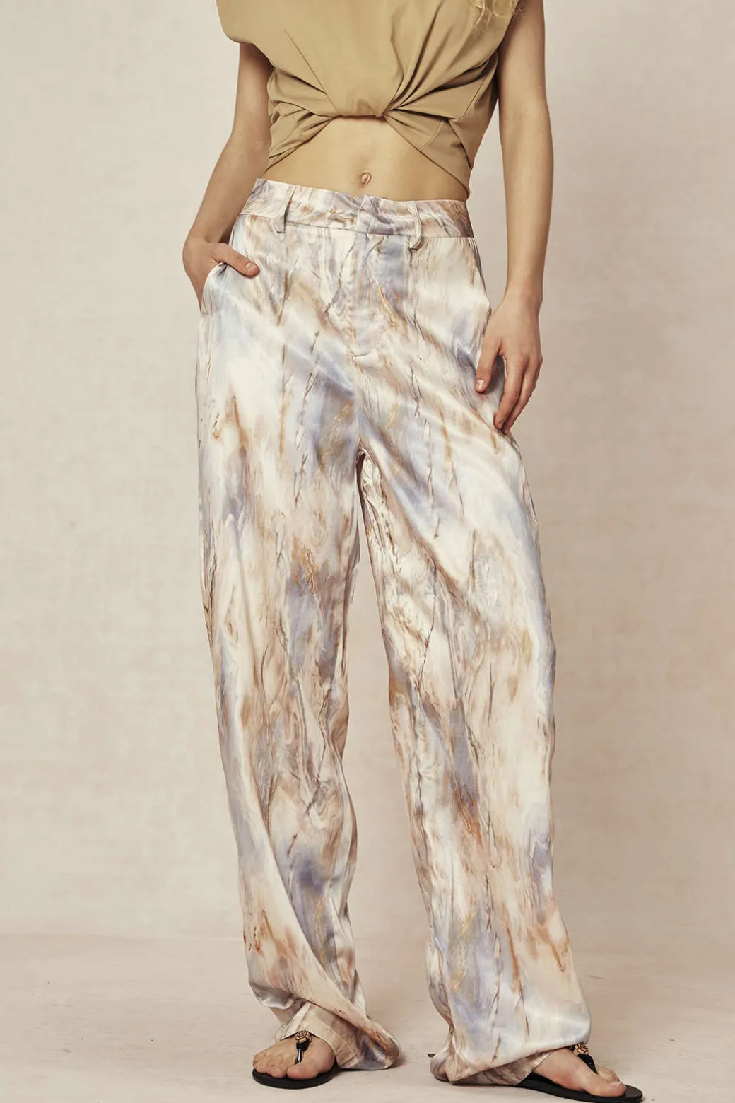 Marble Print High Waisted Full-length Straight Leg Pants
