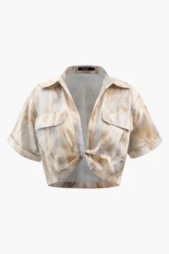 Marble Print Twist Hem Crop Shirt