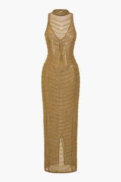 Mesh Backless Sheer Rhinestone Maxi Dress
