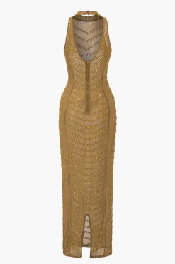 Mesh Backless Sheer Rhinestone Maxi Dress