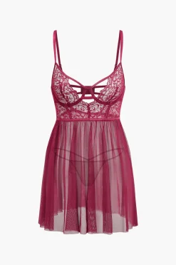 Mesh Bustier Cut Out Embroidery Side Slit Sleepwear Set