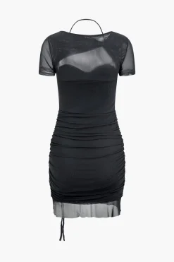 Mesh Cut Out Twist Drawstring Ruched Tie Mini Dress