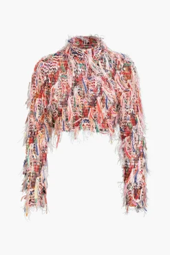Mesh Fringe Long Sleeve Skirt Set